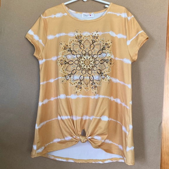Girls Beautees size Large yellow striped top with front knot and sparkly flower - Picture 1 of 7